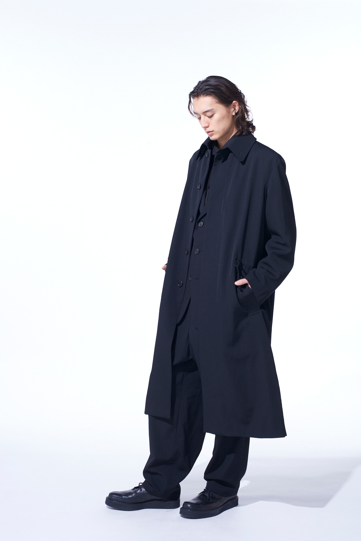 WASHER WOOL GABARDINE STAND COLLAR COAT(S Black): S'YTE｜THE SHOP