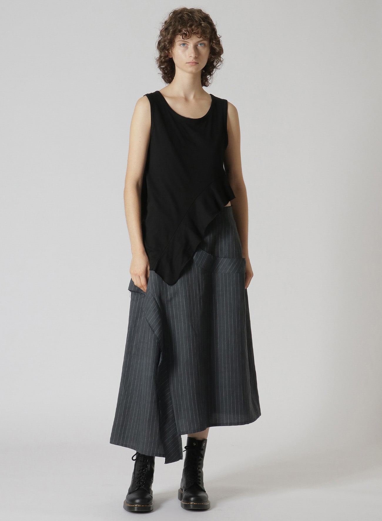 LINEN COTTON PIN-STRIPED UNEVEN DYEING PANELLED FLARE SKIRT(XS