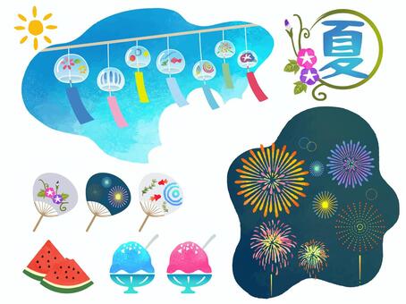 手描き 日本の夏 素材 セットイラスト - No: 1491412｜無料イラスト