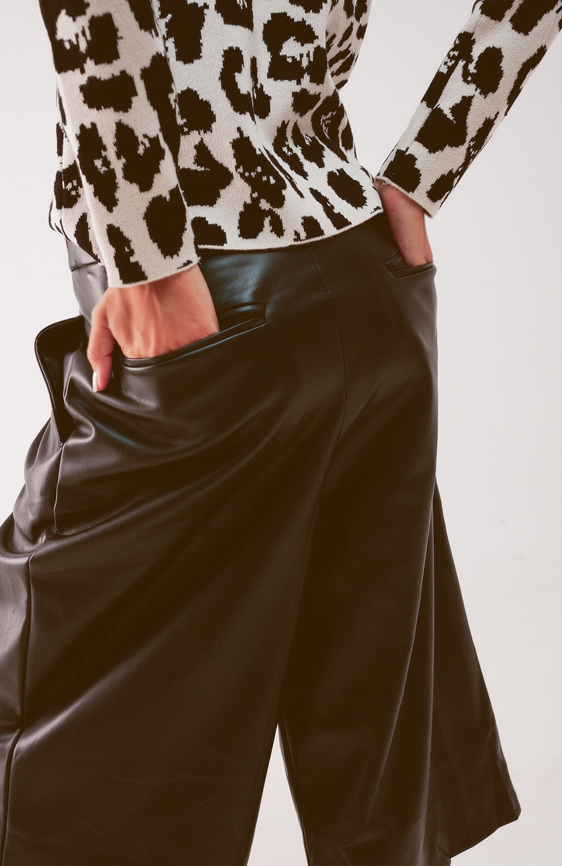 Black Faux Leather Wide Leg Culottes | Best Price at Tooksie
