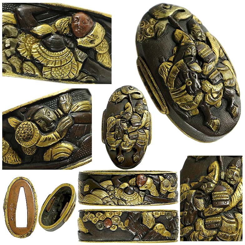 縁頭、赤銅地に筋模様、入れ子 縁頭、赤銅地に筋模様、入れ子