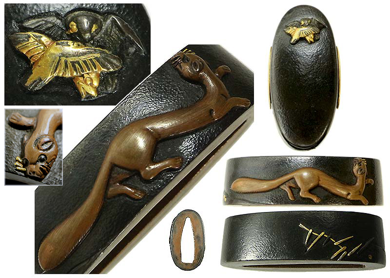 日本刀の縁頭｜赤銅石目地鼬に小禽図｜日本刀専門店・東京【十拳】