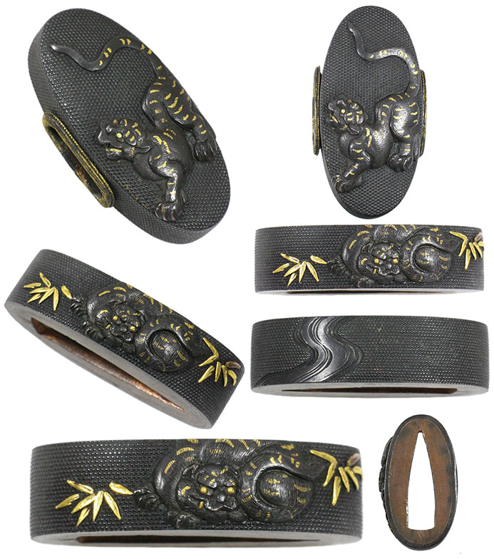 刀装具 脇差 柄前 鉄地縁頭 虎の図目貫 金山風透かし鍔 (江戸時代) 刀