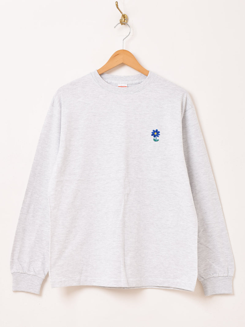 3色展開】 ワンポイント 刺繍 フラワー ロングスリーブTシャツ – 古着