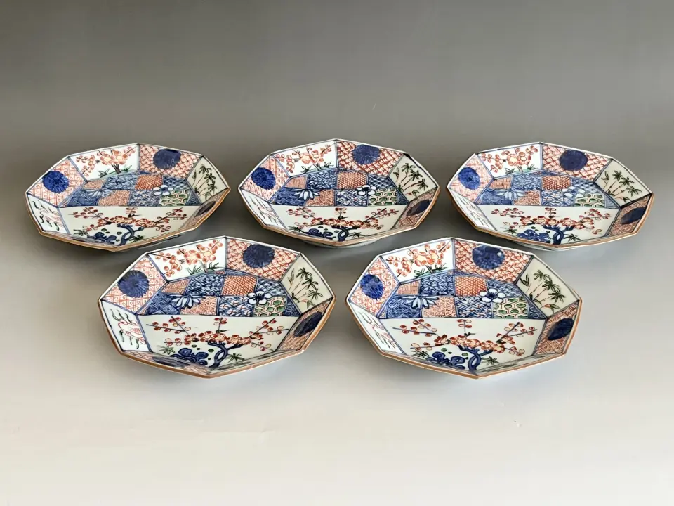 三代 須田菁華 九谷 色絵 祥瑞 松竹梅文 皿 八角皿 五枚 五客 銘々皿
