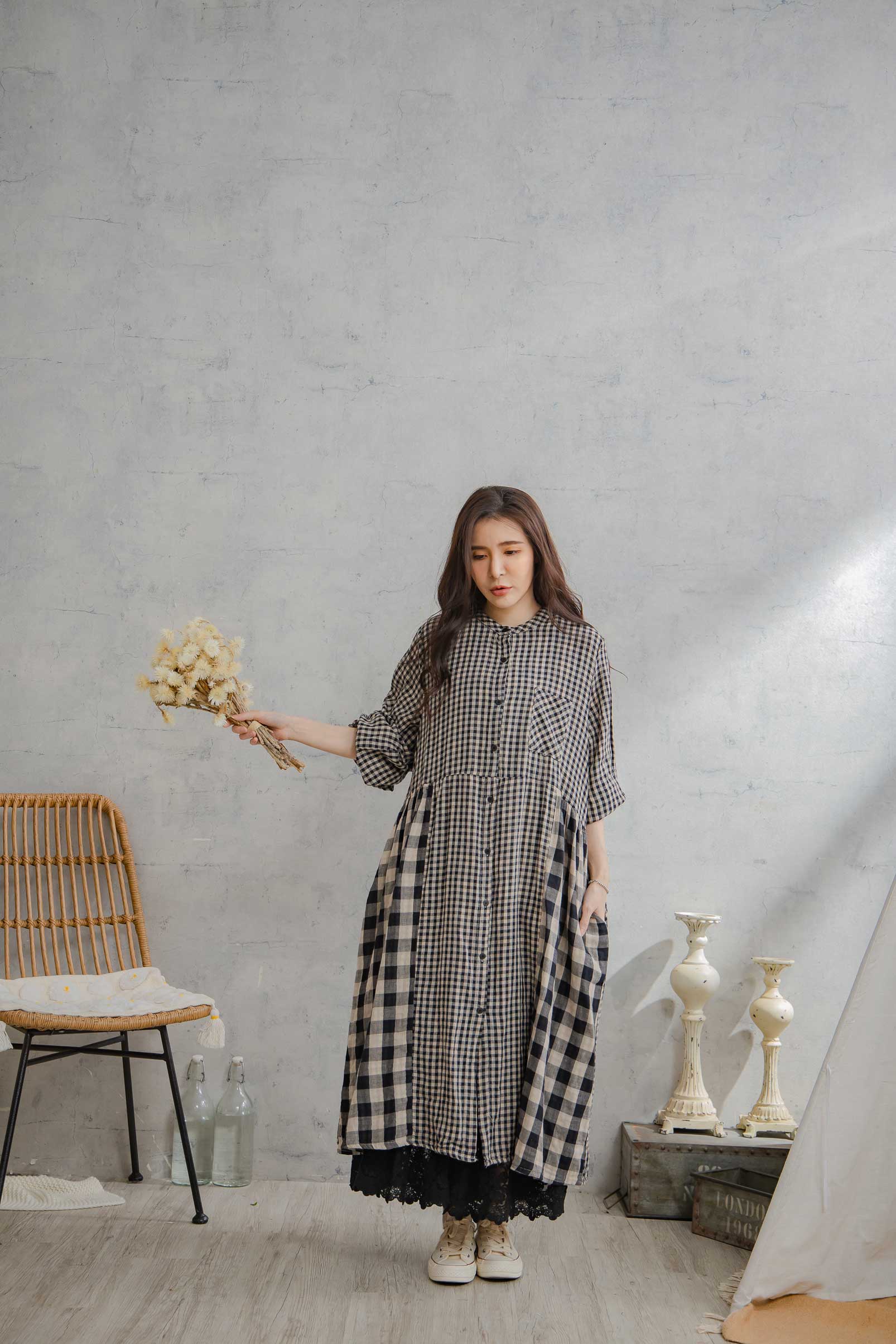 楽天市場】チェック柄コットン前ボタン開き長袖ロングワンピース