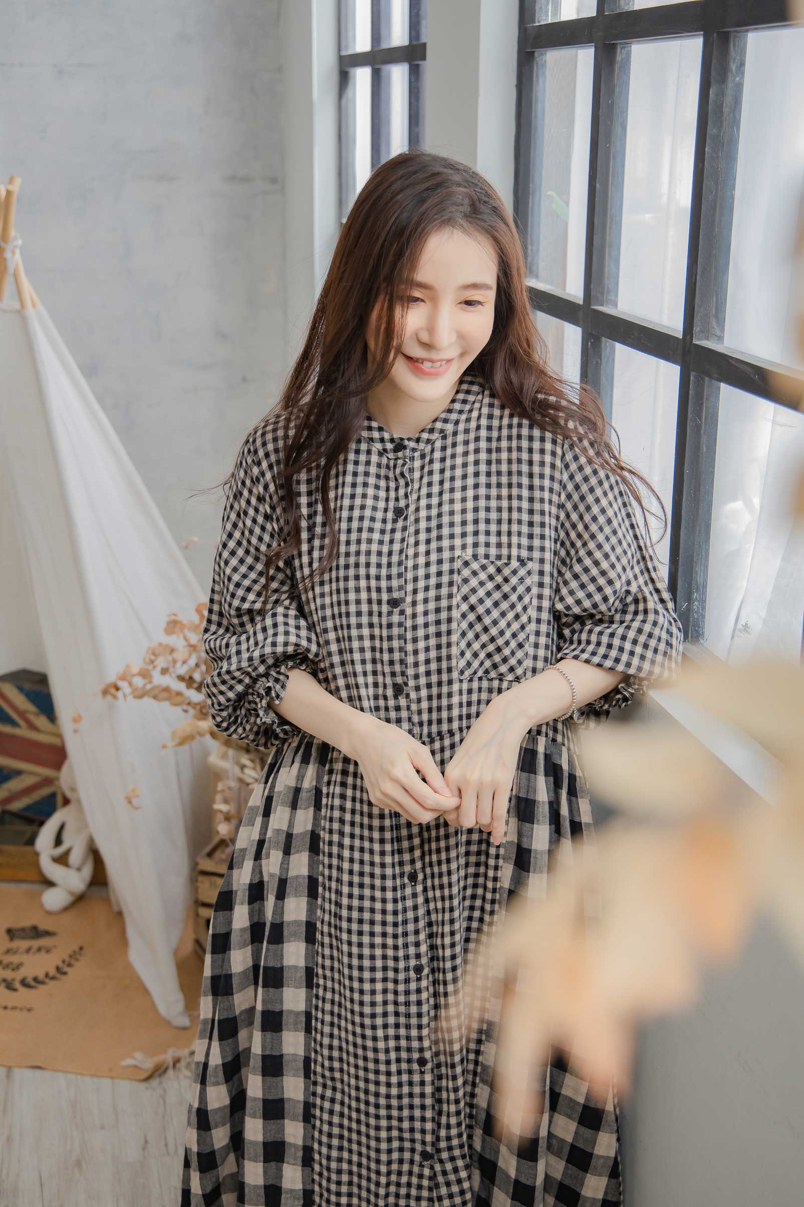 楽天市場】チェック柄コットン前ボタン開き長袖ロングワンピース