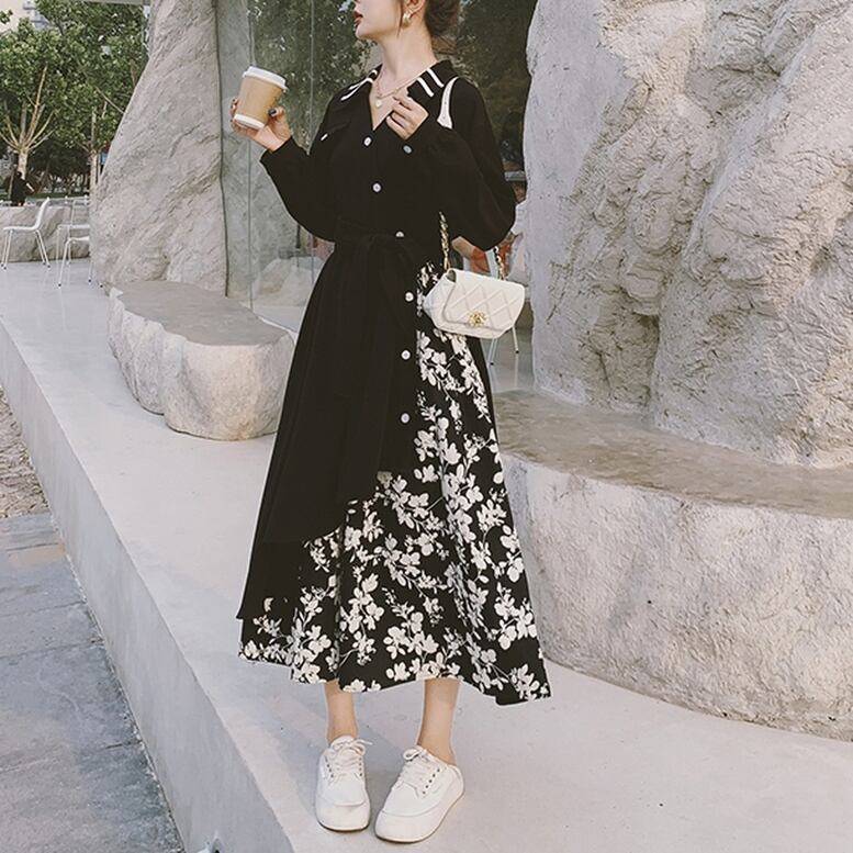 楽天市場】レディース 花柄切り替えワンピース ドレス レイヤード風