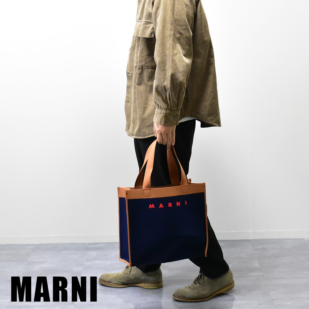 楽天市場】マルニ トートバッグ ネイビー ジャガード ロゴ ポーチ付き