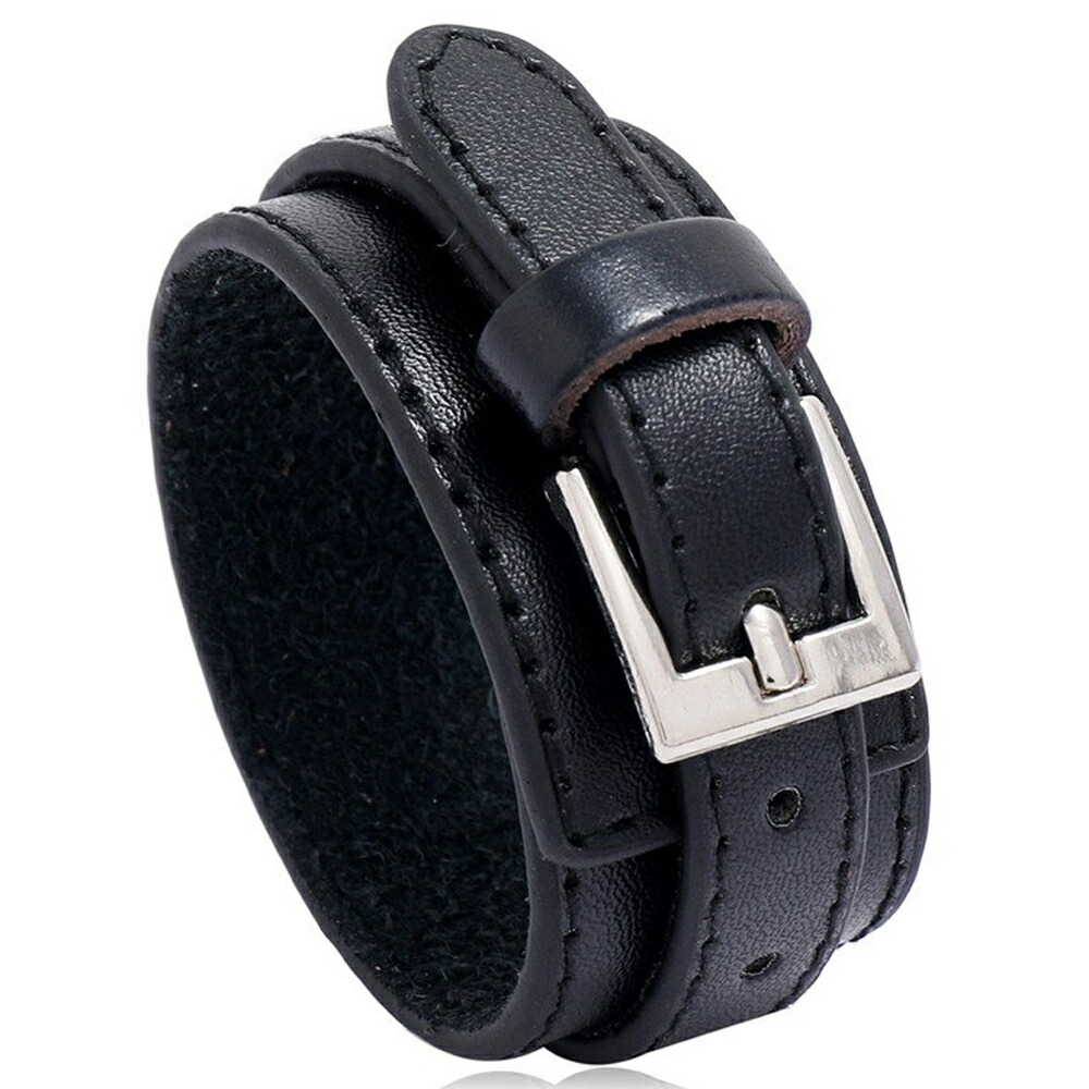 楽天市場】ブラックレザーバックルブレスレット 黒色 手首 ワイド 幅