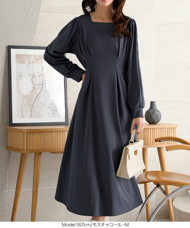 楽天市場】[ 裏起毛 ] スクエアネック ウエストタック ワンピース