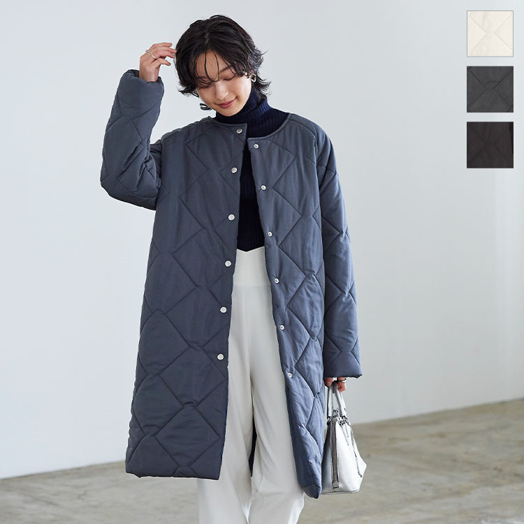 楽天市場】 ノーカラーキルティングロングコート [K1186] レディース