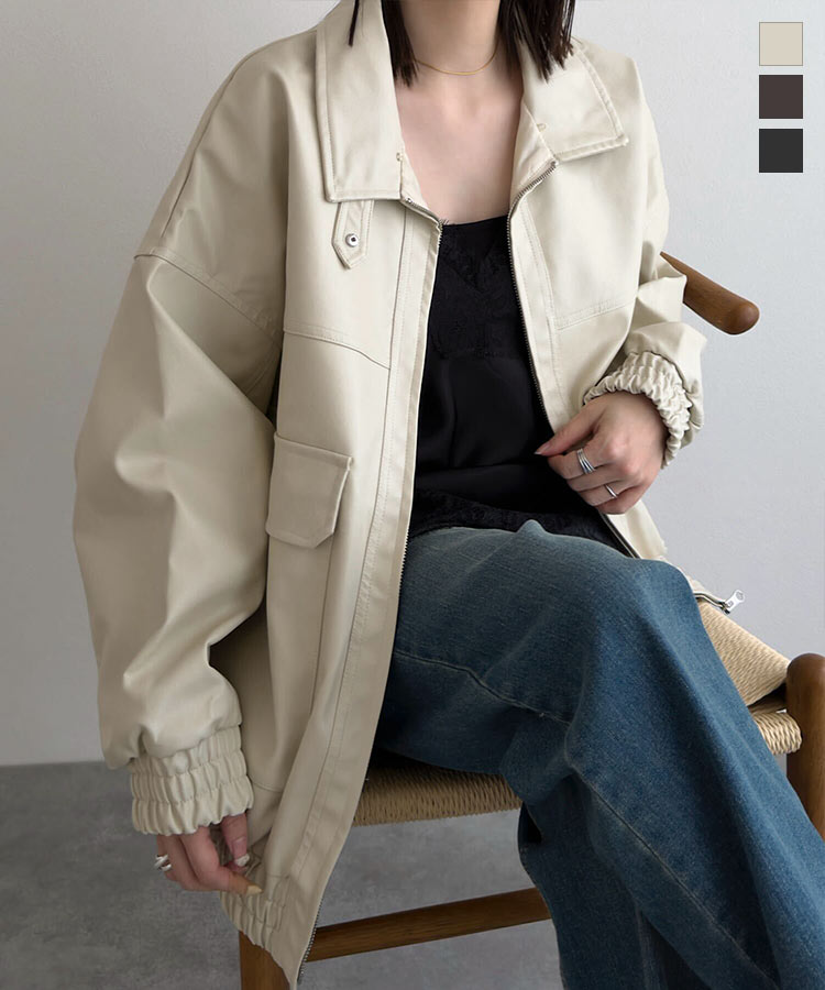 楽天市場】フェイクレザー ジップアップ ブルゾン レディース