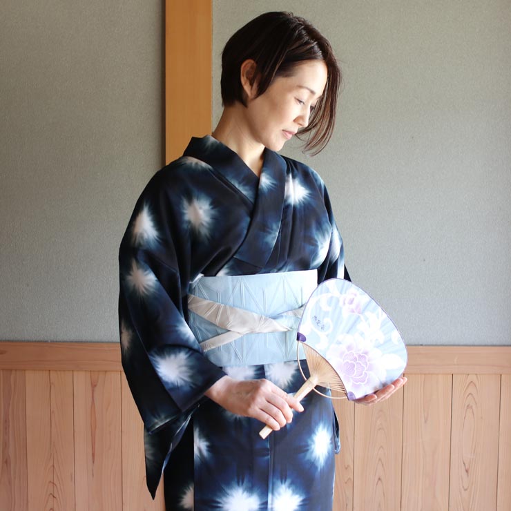 楽天市場】[再入荷!] 洗える 浴衣 雪花絞り 調 （黒×濃紺）バチ衿 お