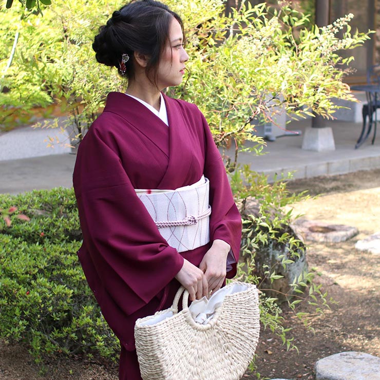 楽天市場】[人気商品] 着物 単衣 色無地 楊柳セオα 臙脂色 エンジ M L