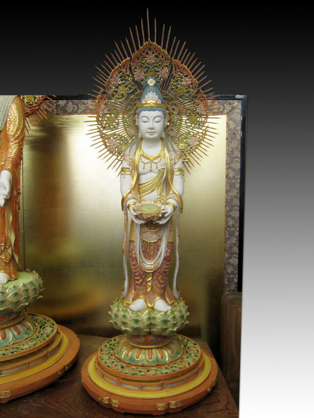 楽天市場】木彫り彫刻 仏像 阿弥陀三尊 （截金彩色） 立像 阿弥陀如来