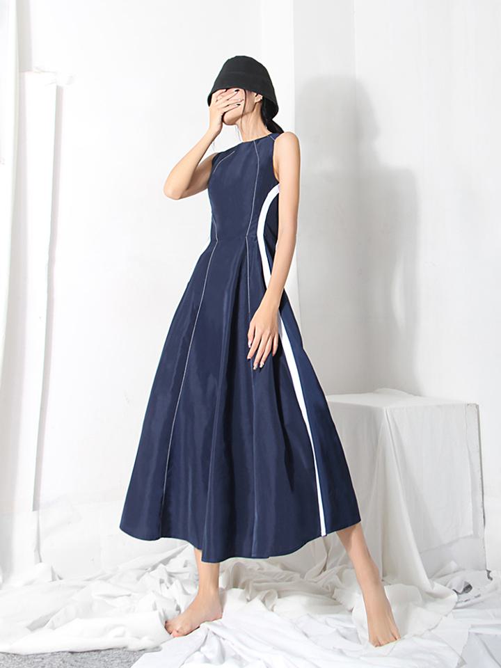 楽天市場】ネイビー ノースリーブワンピース スリムウエスト プリーツ