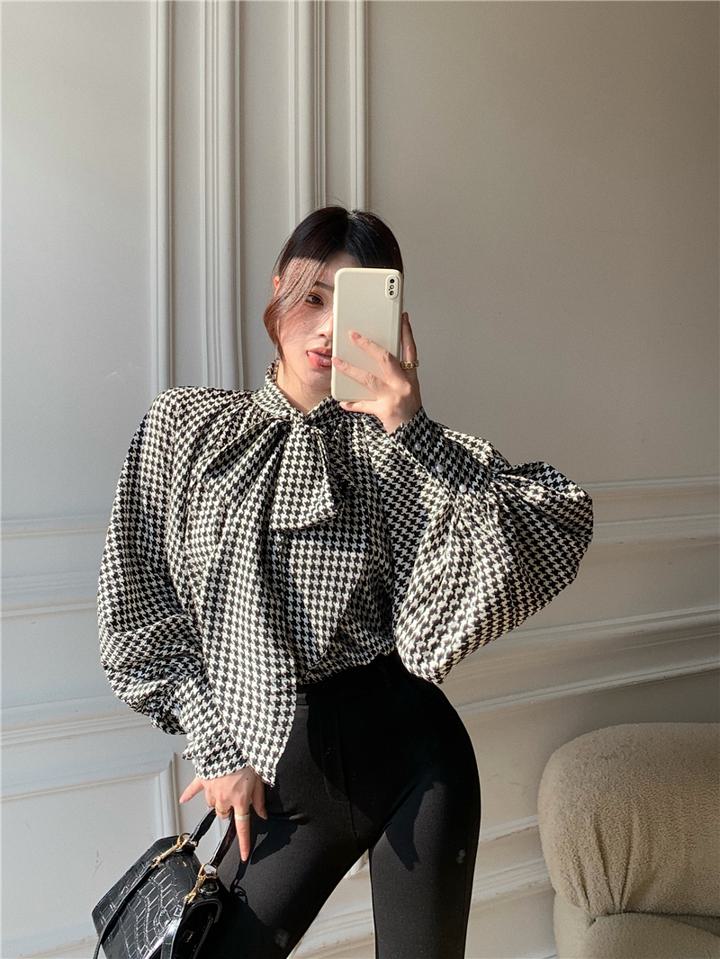 楽天市場】千鳥格子 ボウタイ ブラウス 長袖 ブラウス シャツ