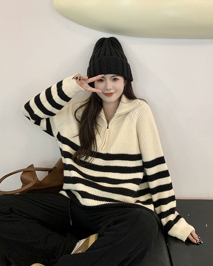 楽天市場】ハーフジップ タートルネックボーダーニット ニット