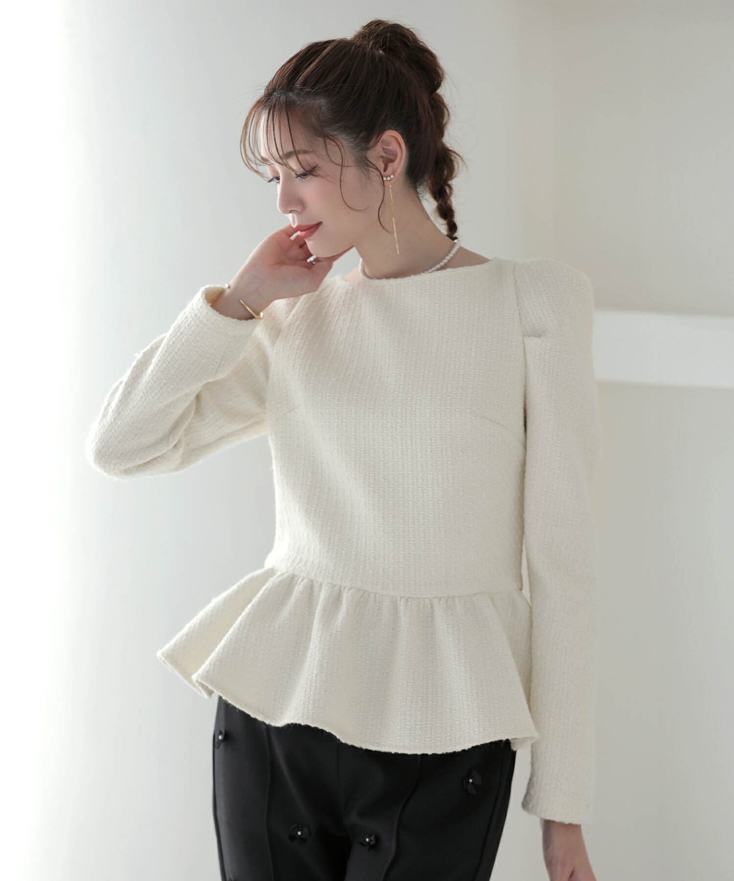 楽天市場】ツイードペプラムトップス ツイード ペプラム パフ袖 長袖