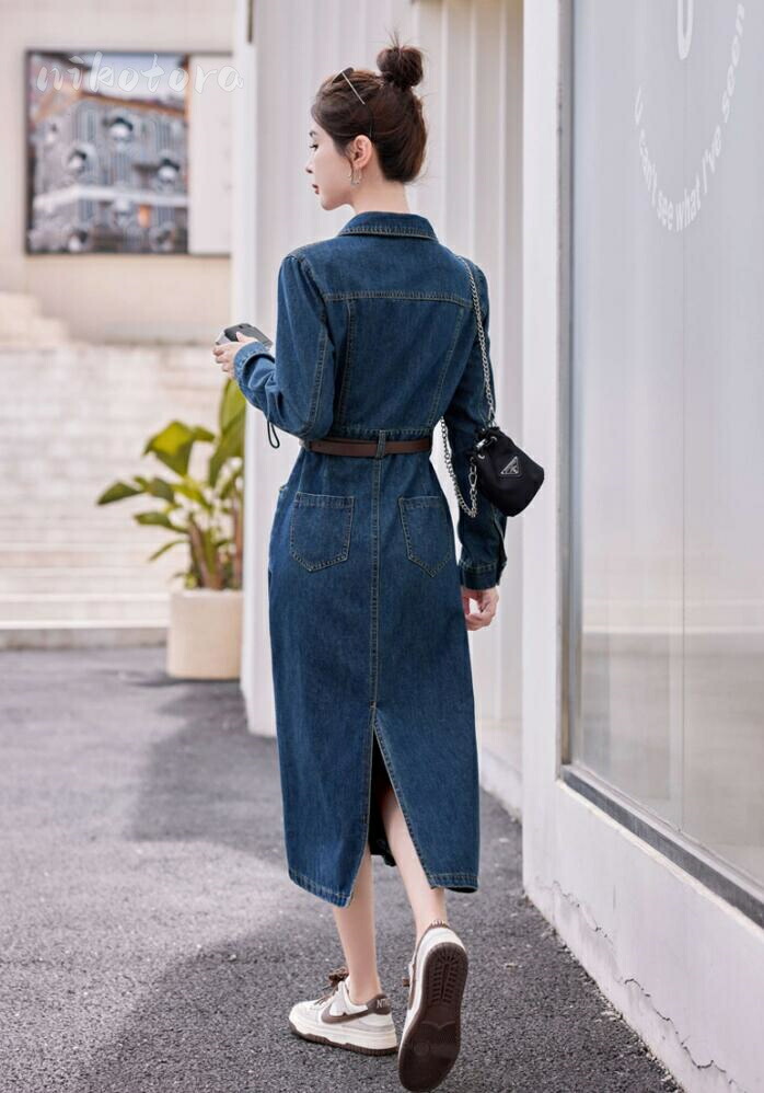 楽天市場】ベルト付き ワンピース デニムワンピース 長袖 ヴィンテージ