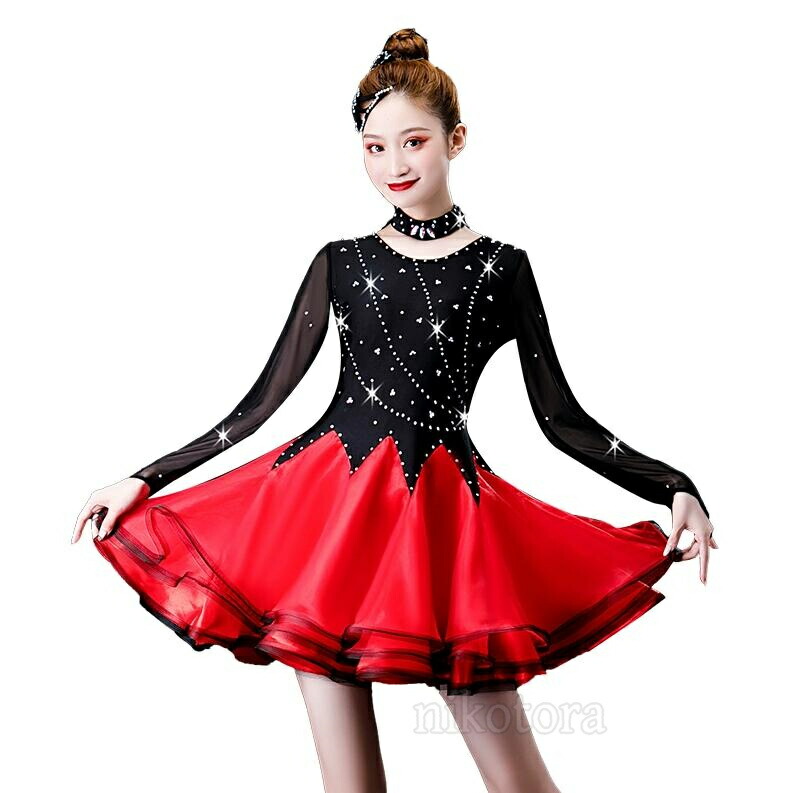 社交ダンス衣装 社交ダンス衣装 社交ダンスドレス 赤と黒、ビジューと