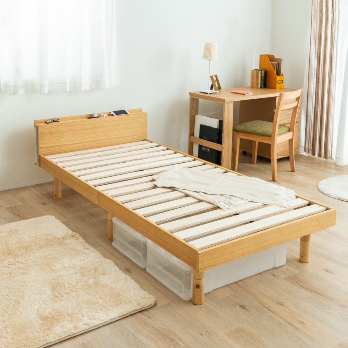 楽天市場】シングル棚・コンセント付き高さ3段階調整すのこベッド（STL