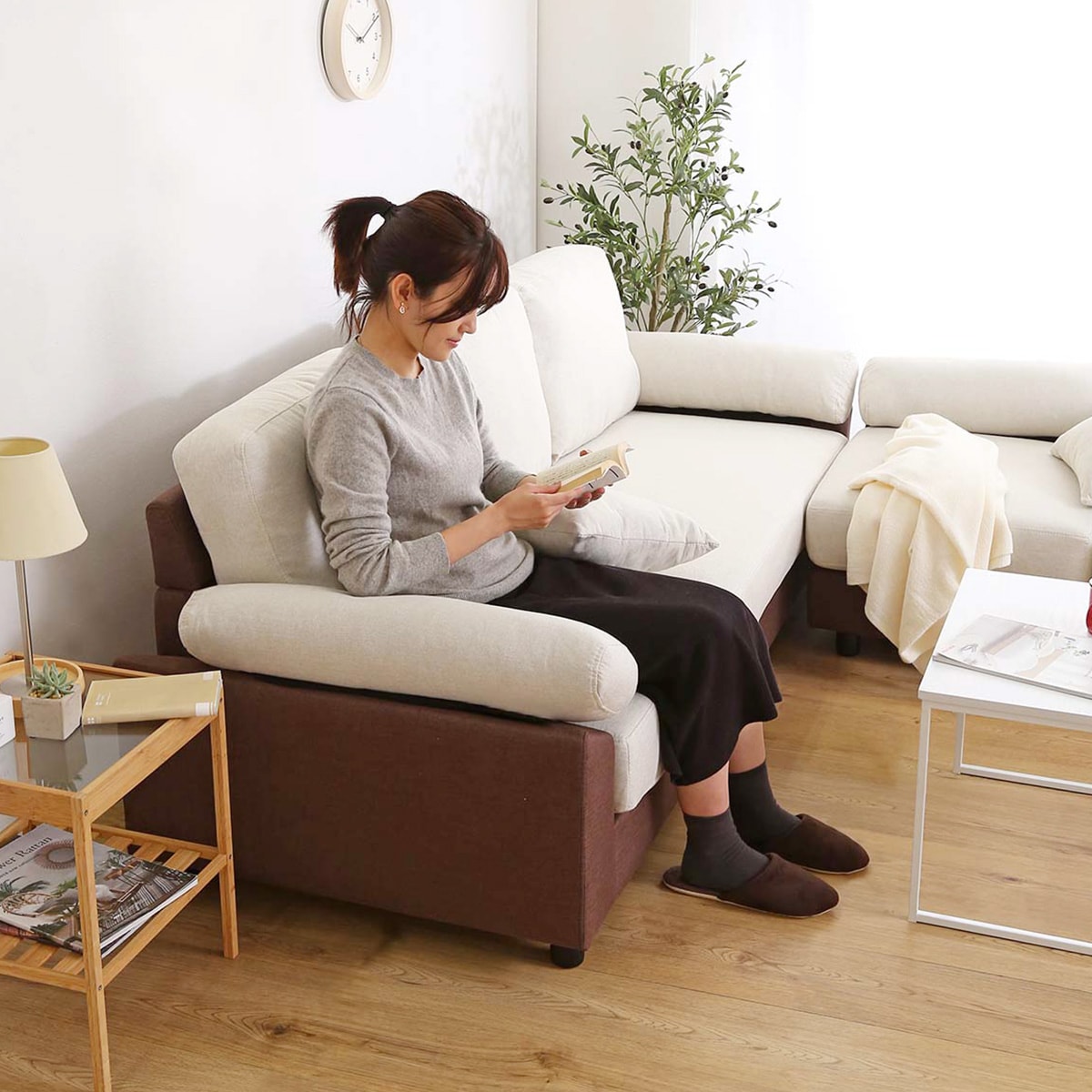 楽天市場】[幅197cm] 布張りツートン5人掛けコーナーカウチソファ (IV