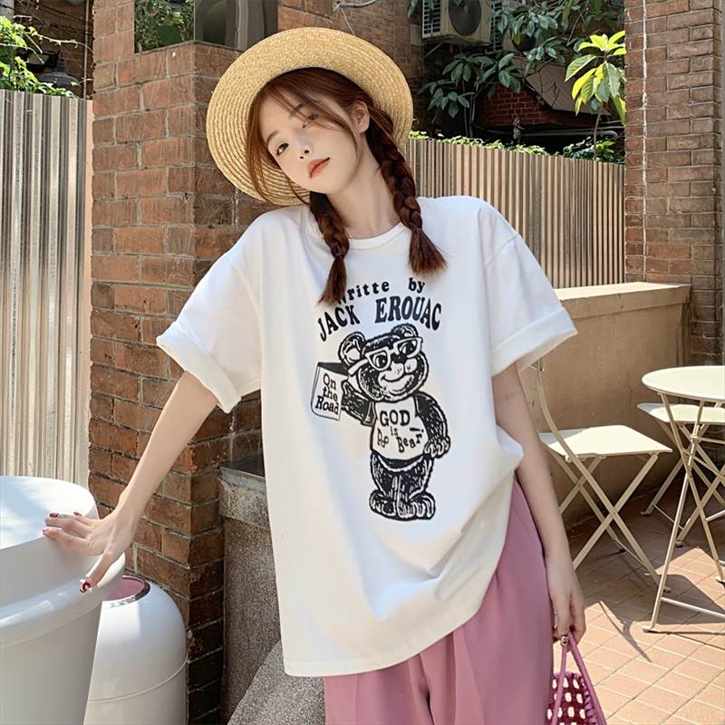 楽天市場】くま 柄 半袖 Tシャツ レディース トップス ミディアム丈 袖