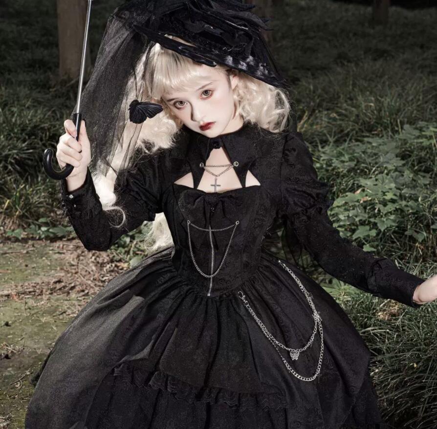 楽天市場】暗黒風 ロリータワンピース 膝丈 ゴスロリ 長袖ドレス