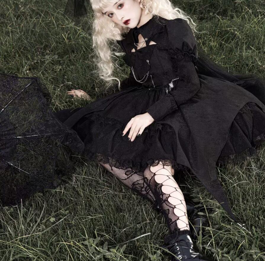 楽天市場】暗黒風 ロリータワンピース 膝丈 ゴスロリ 長袖ドレス