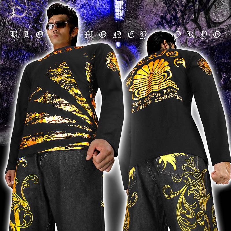 楽天市場】日章菊水柄 ロンT 長袖Tシャツ 長袖シャツ 黒×金 服