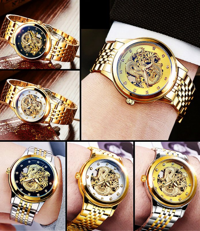 楽天市場】012 金×銀 龍神モチーフ 機械式 自動巻き 腕時計 メンズ