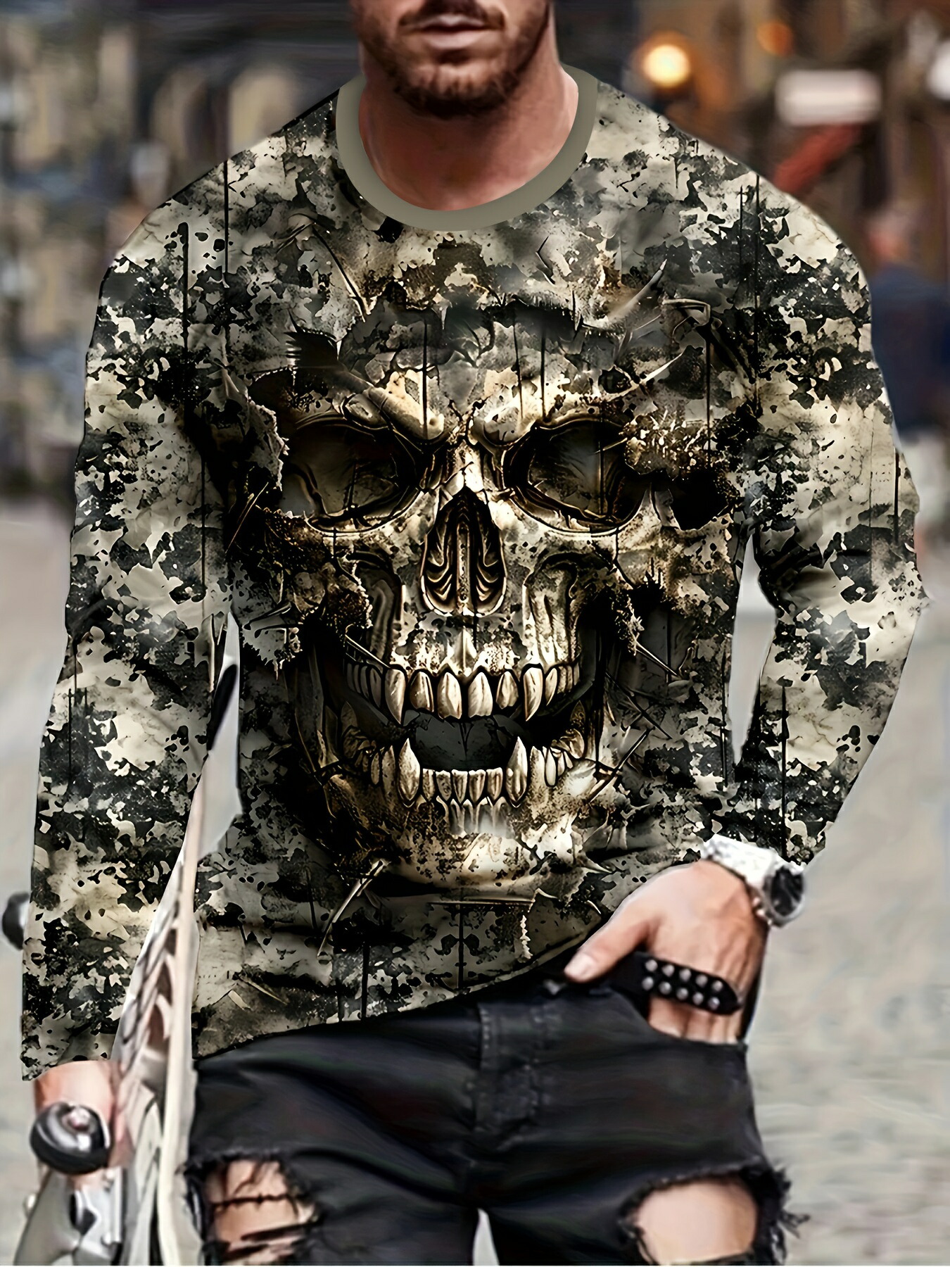 楽天市場】スカル柄 ド派手 プリント 長袖Tシャツ ロンT 185 柄シャツ