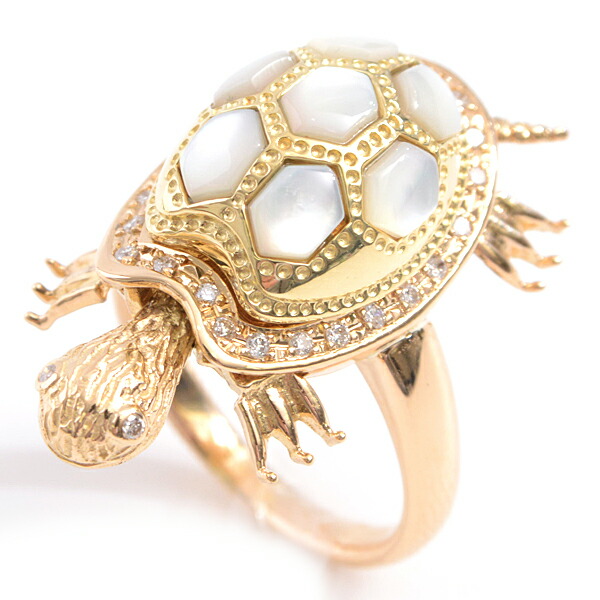 楽天市場】K18 亀モチーフ ホワイトシェル×ダイヤリング 甲羅開閉 14号
