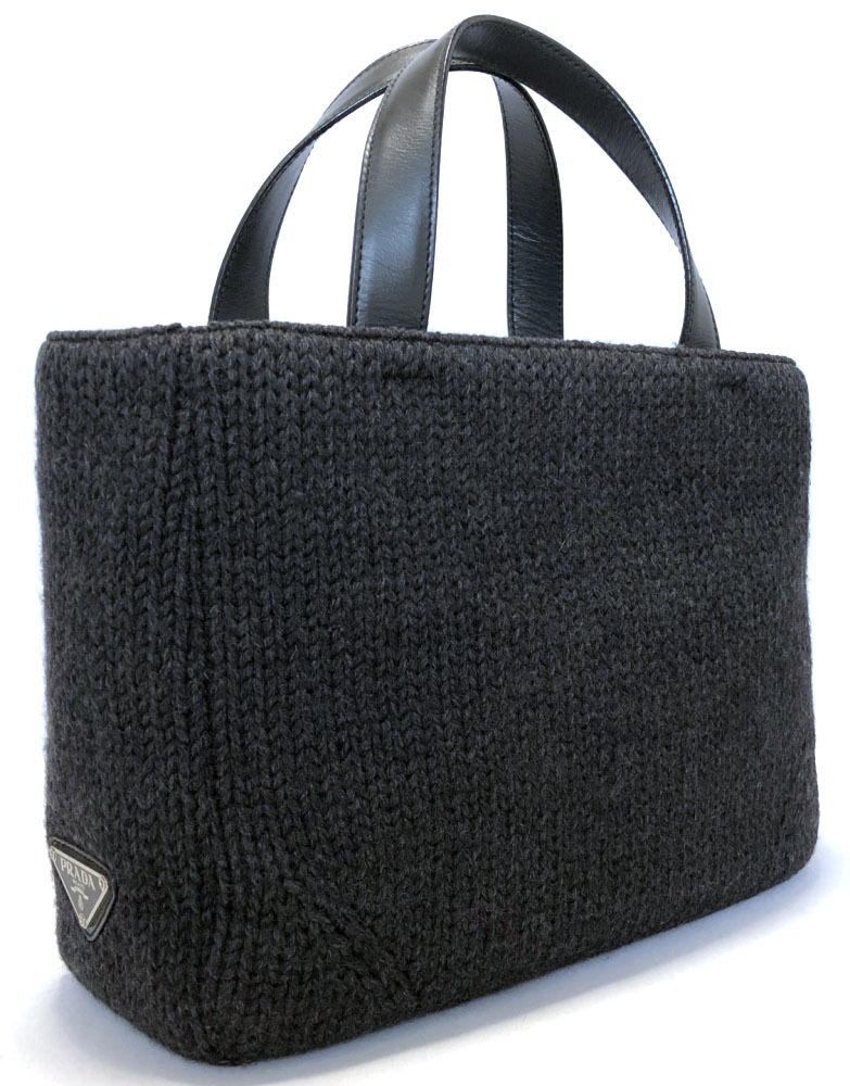 楽天市場】プラダ ニット トートバッグ 三角プレート グレー