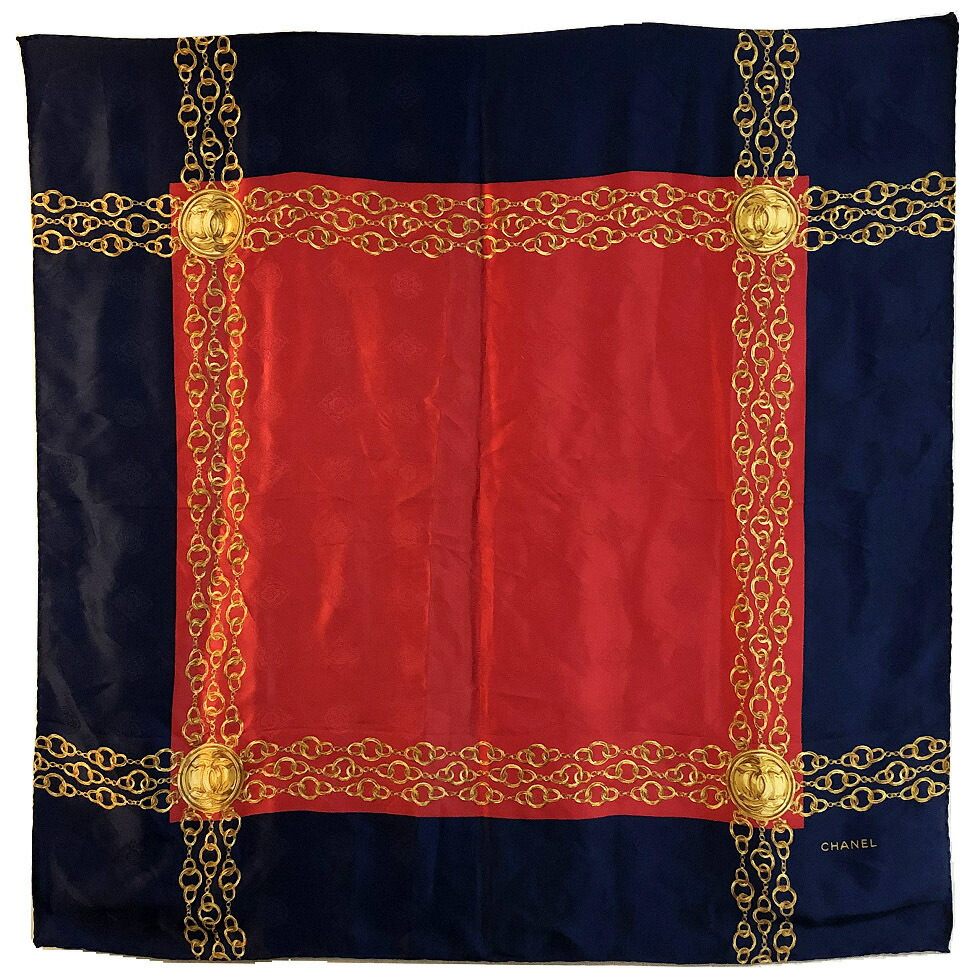 楽天市場】シャネル スカーフ 大判 チェーン柄 ネイビー 紺 ゴールド