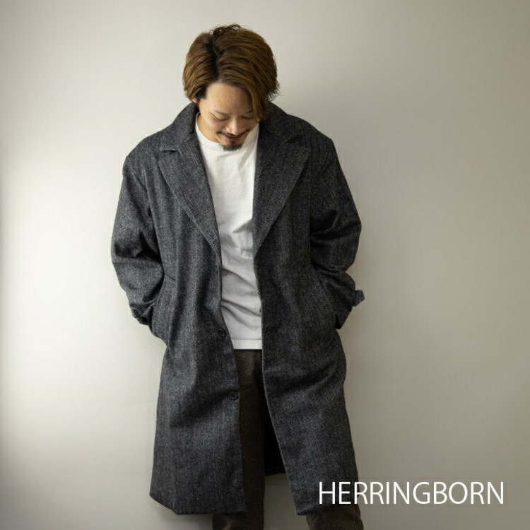 楽天市場】チェスターコート☆メンズ 杢グレー×黒 ヘリンボーン ビッグ