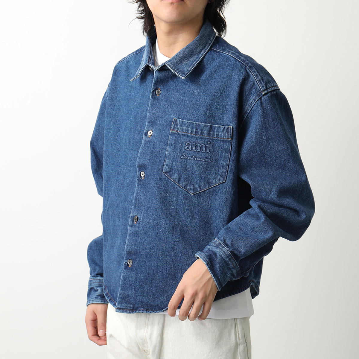 AMI Paris ハートロゴ アミパリス 長袖 シャツ ロゴ M ライトブルー