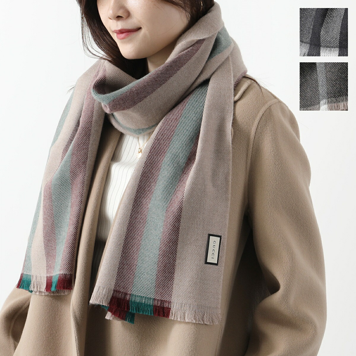 GUCCI グレー系ストライプマフラー 35x165cm