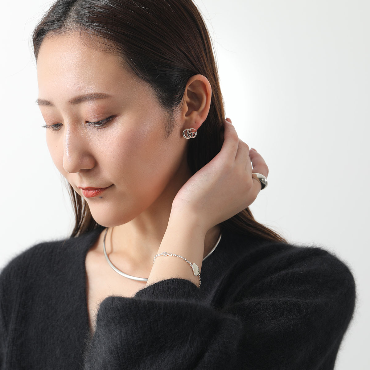 グッチ ピアス 片方 マーモント ビジュー クリスタル付き ダブルG