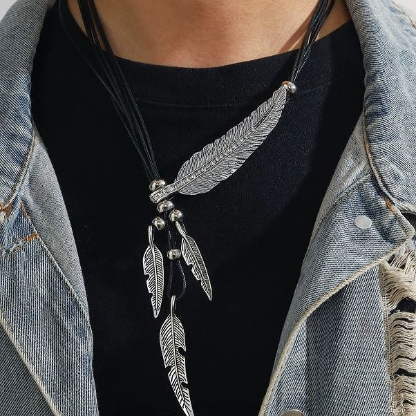 フェザー ペンダントトップ 革紐付き ゴールド×シルバー調 pe395_1.jpg