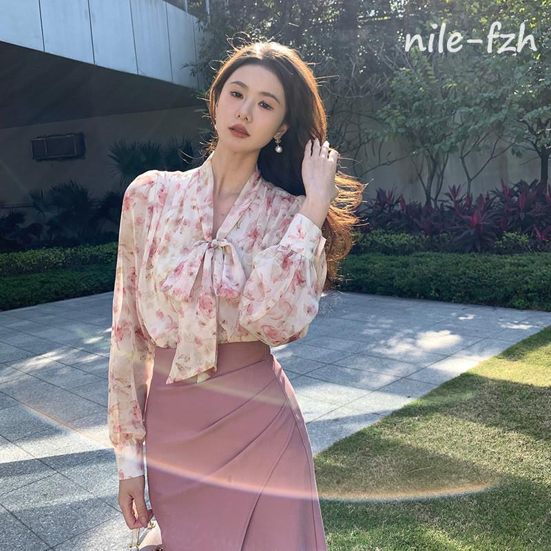 楽天市場】花柄 x ボウタイ 長袖 ブラウスボウタイシャツ シャツ