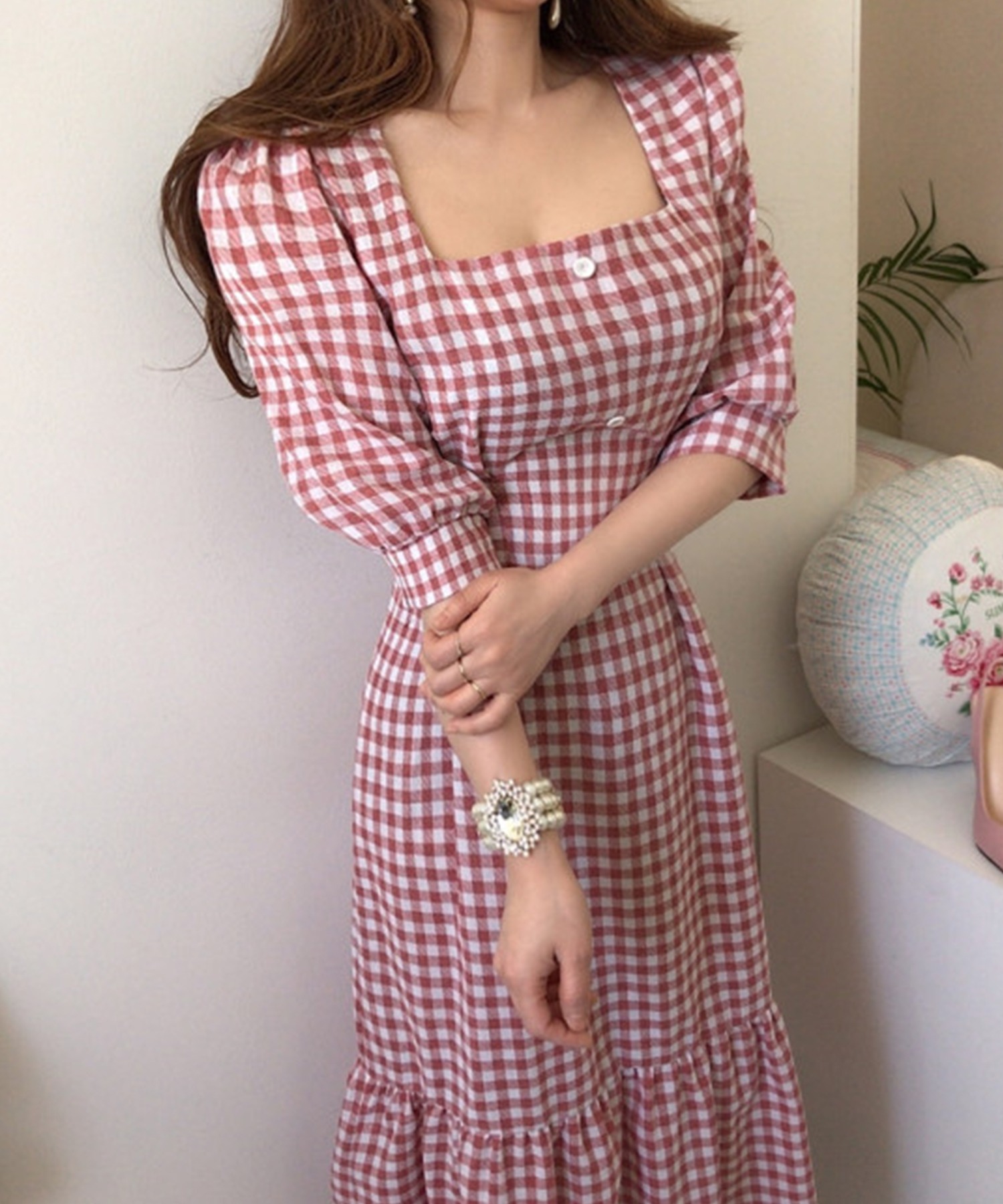 楽天市場】ロングワンピース ロング ワンピース ギンガムチェック