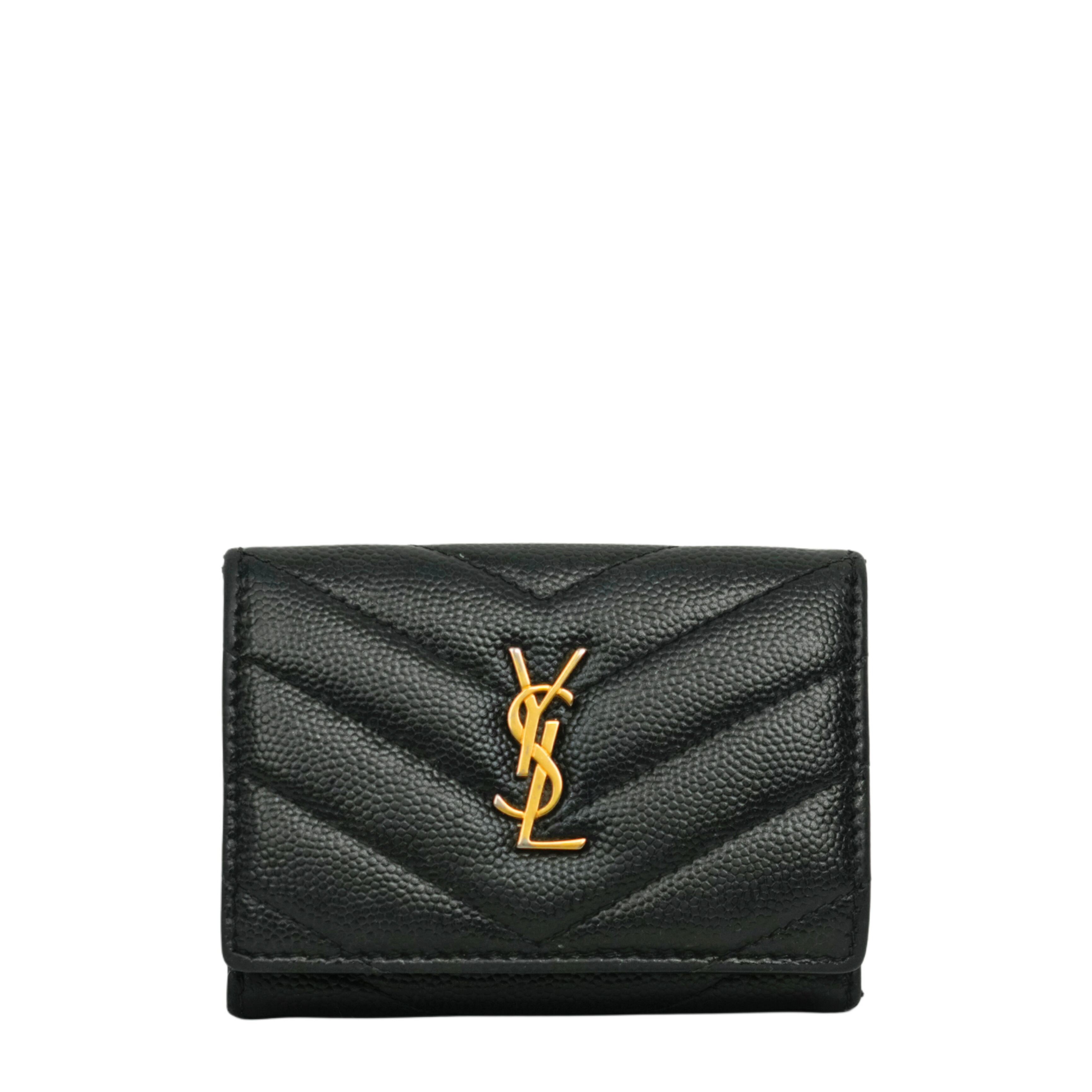 イヴ・サンローラン エンボス加工 ブラックレザー 折りたたみ財布