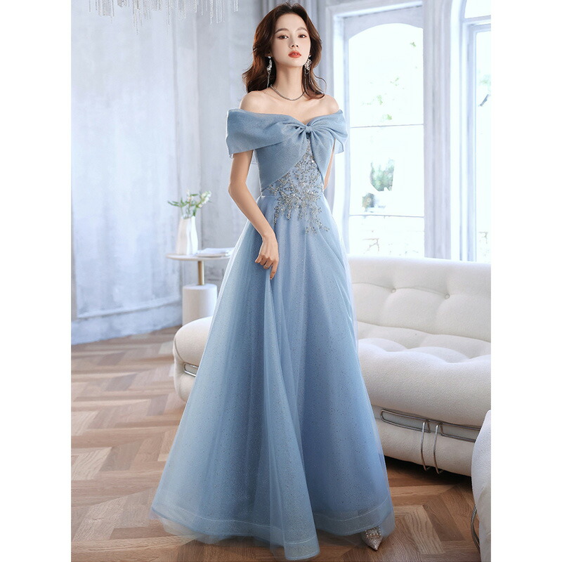 楽天市場】送料無料 イブニングドレス ブルー オフショルダー 発表会