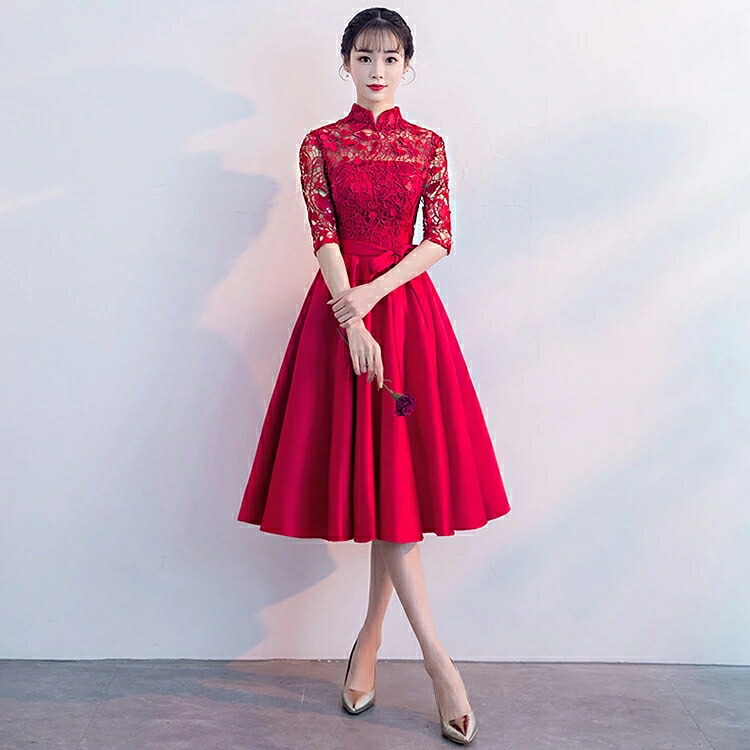 楽天市場】送料無料 結婚式ドレス 二次会ドレス ワイン赤 レース