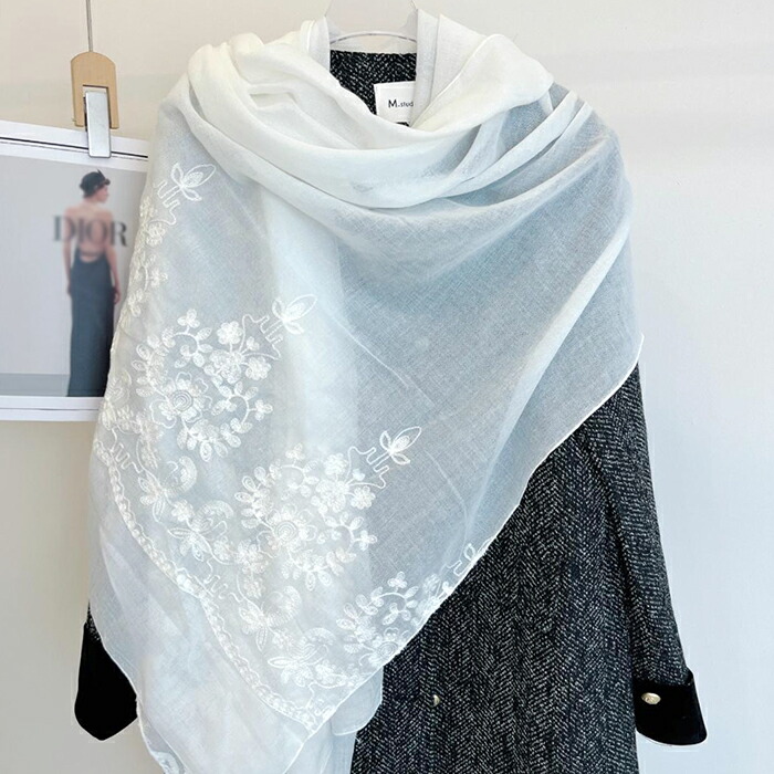 楽天市場】在庫限り 大判ストール ロング ホワイト 白 刺繍 無地 花柄