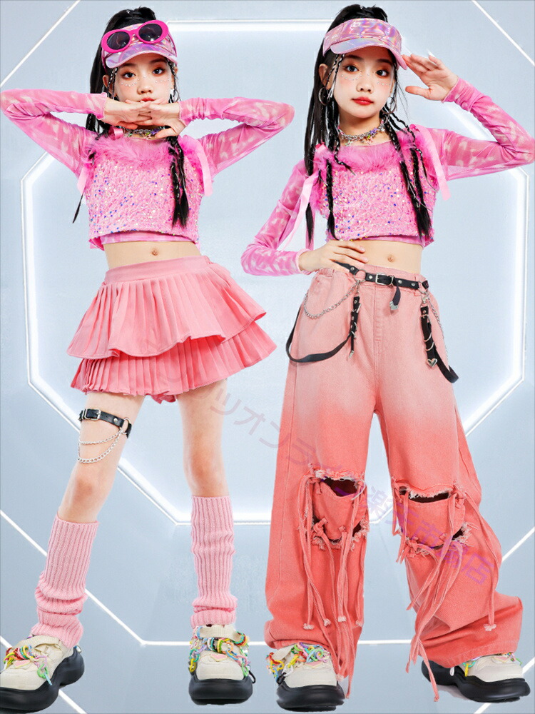 楽天市場】デニム ピンク ダメージ へそ出し キッズ ダンス衣装