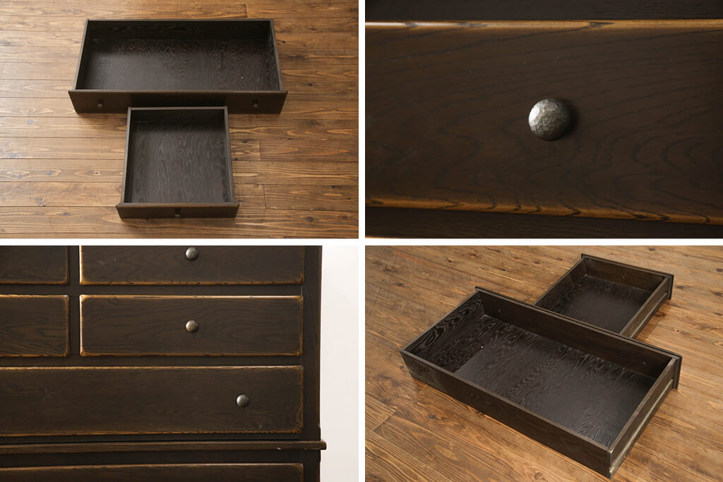 古く味のある楢材の小引き出し4段 古く味のある楢